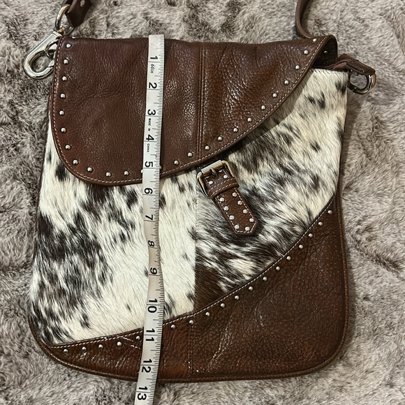 Leather/Cowhide Brown/White Shoulder/Crossbody Bag with Studded Detail - Picture 14 of 16